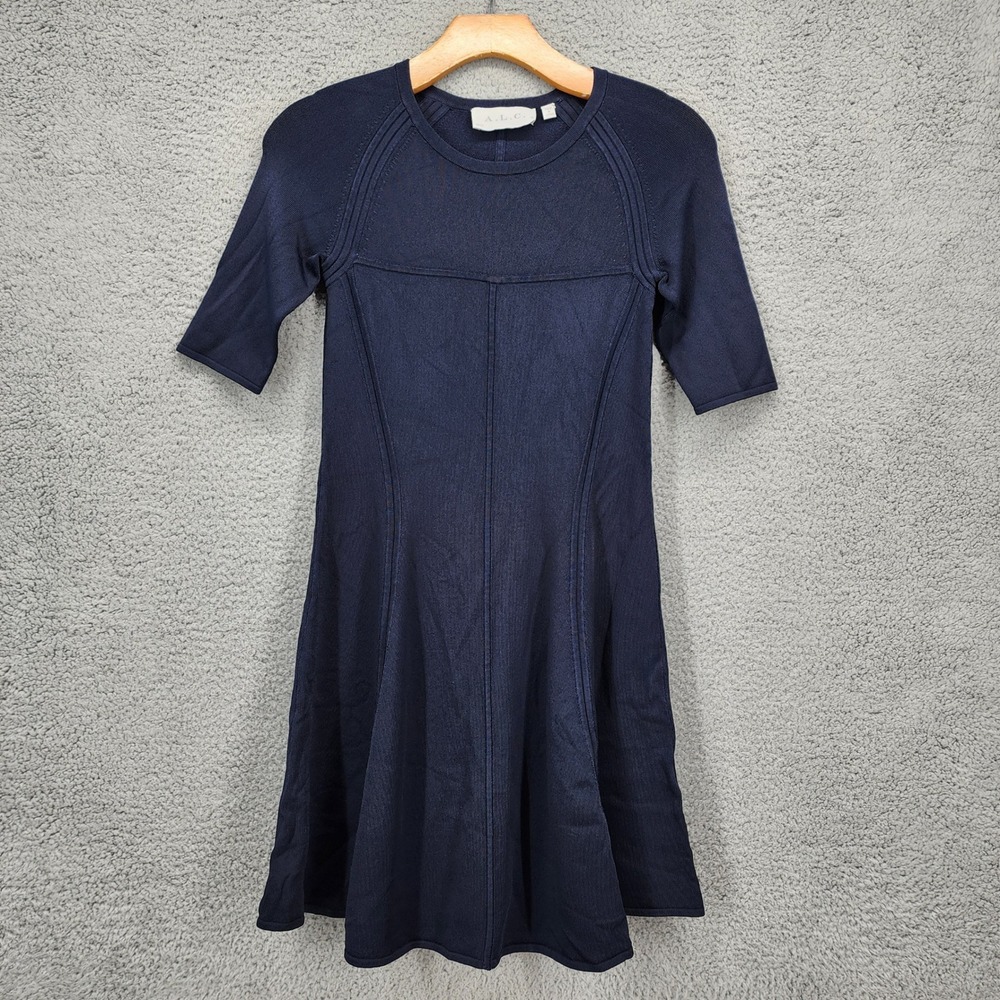 A.L.C. Navy Blue Rayon Knit Fit and Flare‎ Half Sleeve Mini Dress AS9725 XS